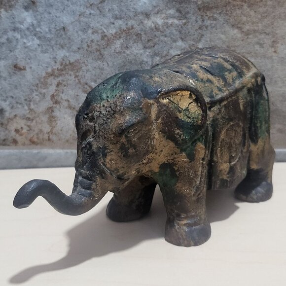 Antique Cast Iron Metal Elephant Figurine Statue Dark Patina - Picture 8 of 13